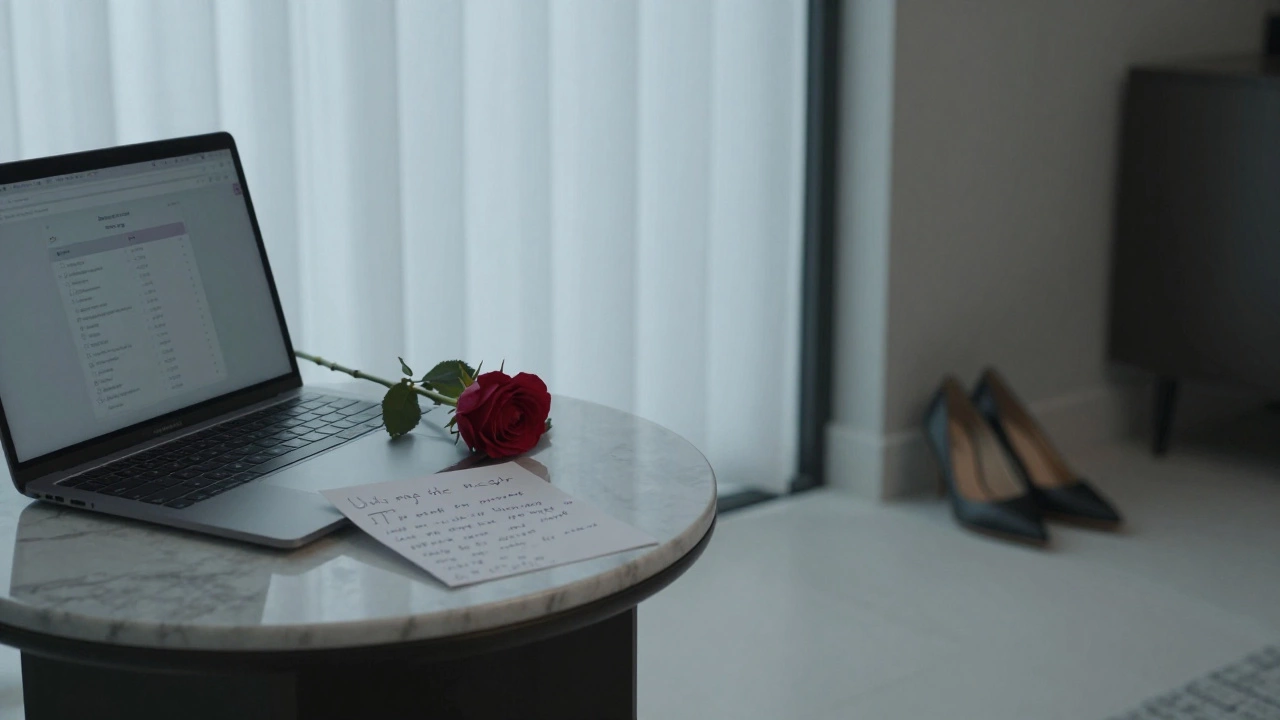 A quiet apartment interior with a handwritten note, rose, and open laptop on a marble table.