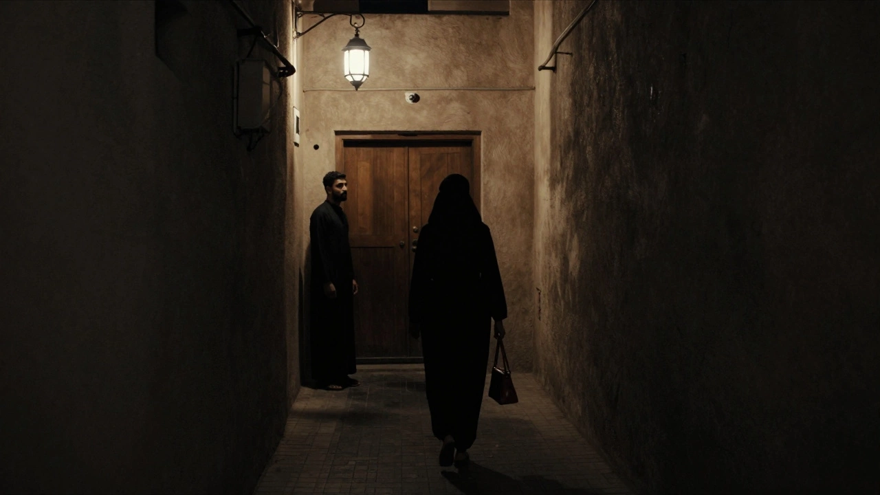 A woman&#039;s silhouette walks away down a dim Dubai alley, lit by a single lantern.